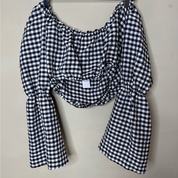 TOPSHOP Black White Gingham Plaid Print Flare Long Sleeve Crop Top 10 NWT - Picture 4 of 9